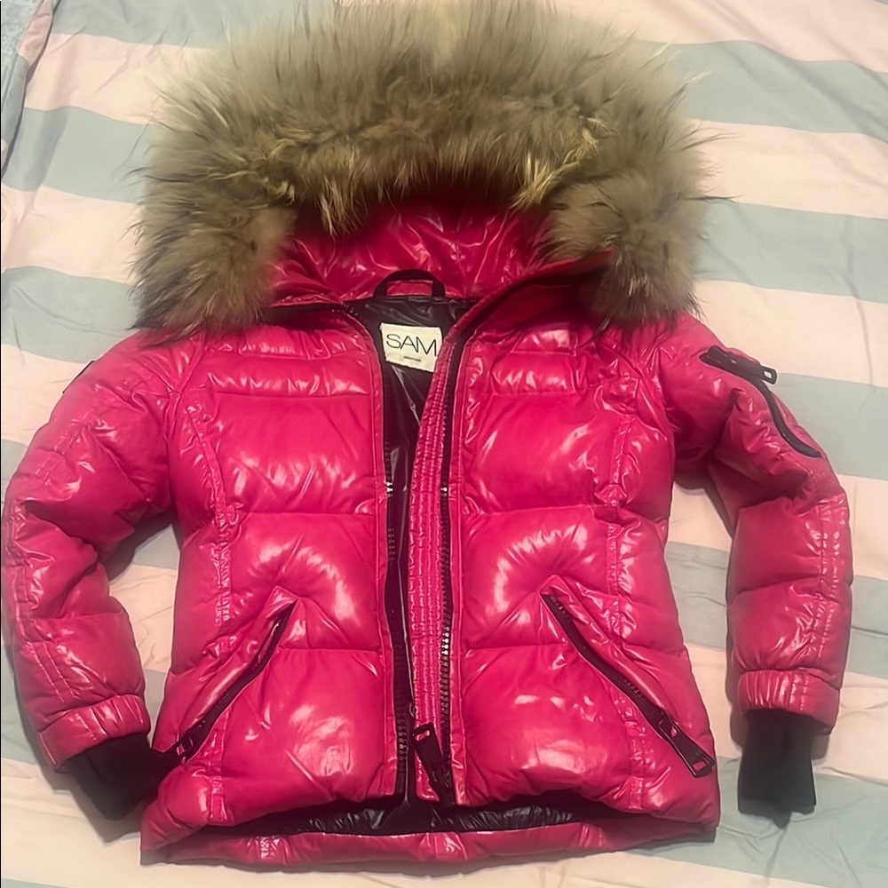 SAM. Pink Puffer Jacket with Fur Hood